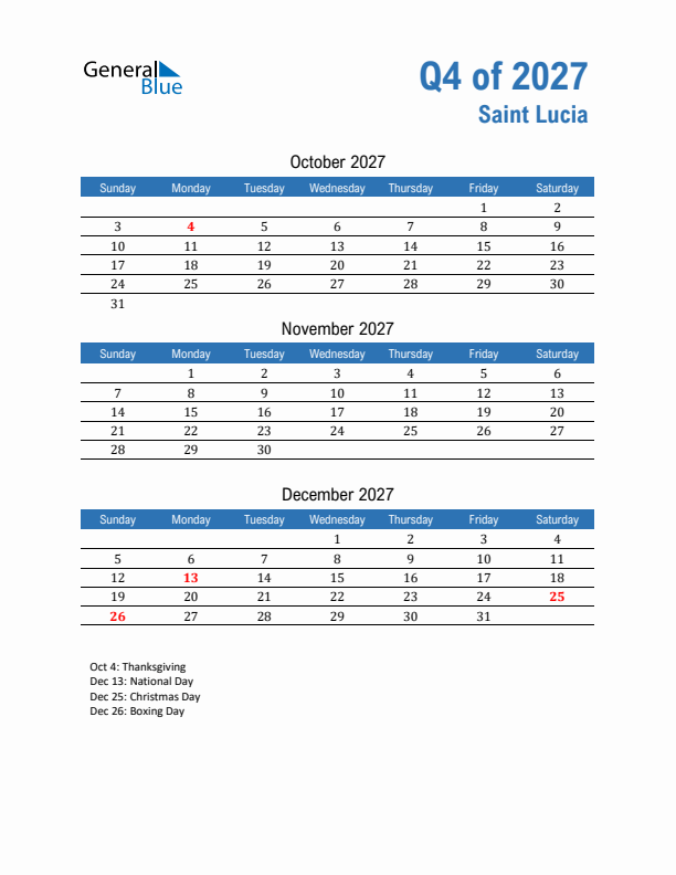 Saint Lucia Q4 2027 Quarterly Calendar with Sunday Start