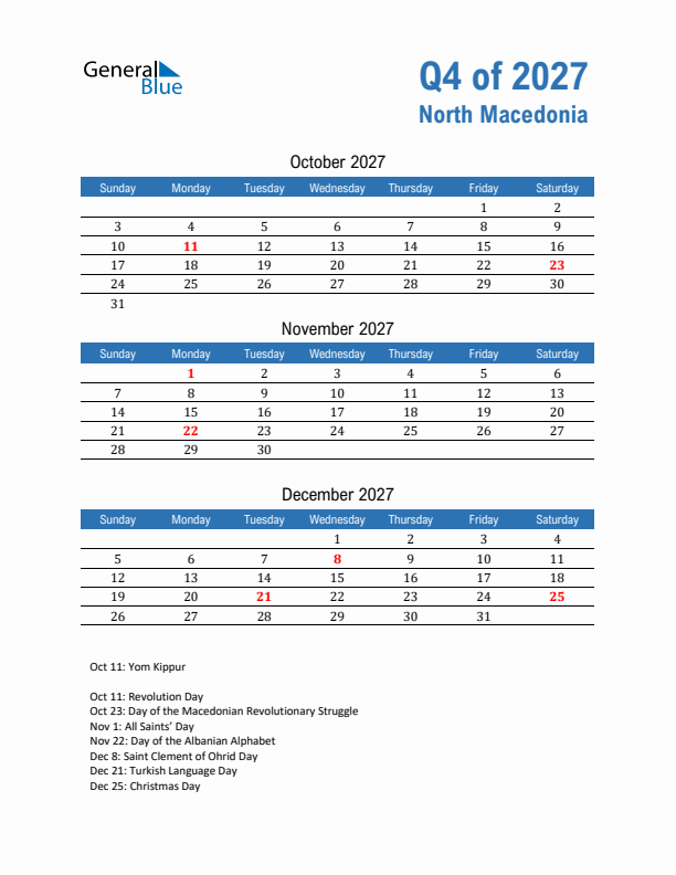 North Macedonia Q4 2027 Quarterly Calendar with Sunday Start