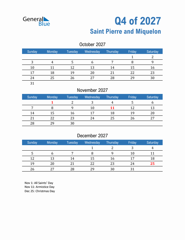 Saint Pierre and Miquelon Q4 2027 Quarterly Calendar with Sunday Start