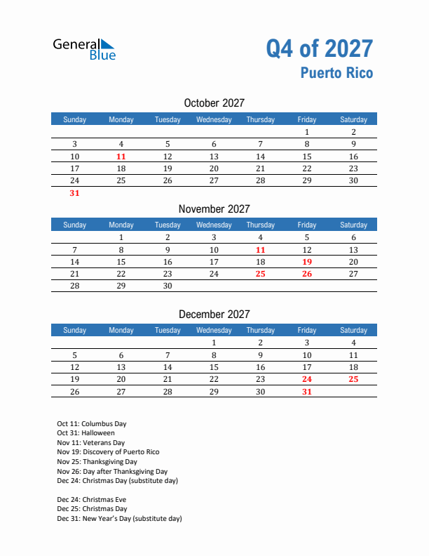 Puerto Rico Q4 2027 Quarterly Calendar with Sunday Start