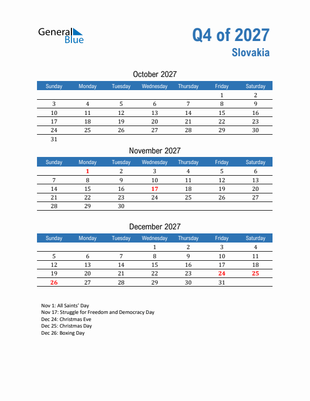 Slovakia Q4 2027 Quarterly Calendar with Sunday Start