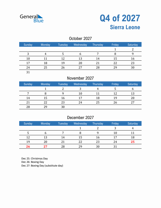 Sierra Leone Q4 2027 Quarterly Calendar with Sunday Start