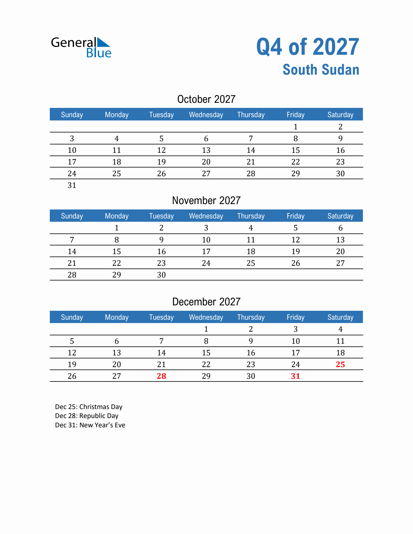 South Sudan Q4 2027 Quarterly Calendar with Sunday Start
