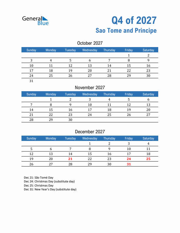 Sao Tome and Principe Q4 2027 Quarterly Calendar with Sunday Start