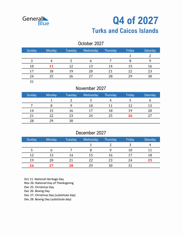 Turks and Caicos Islands Q4 2027 Quarterly Calendar with Sunday Start