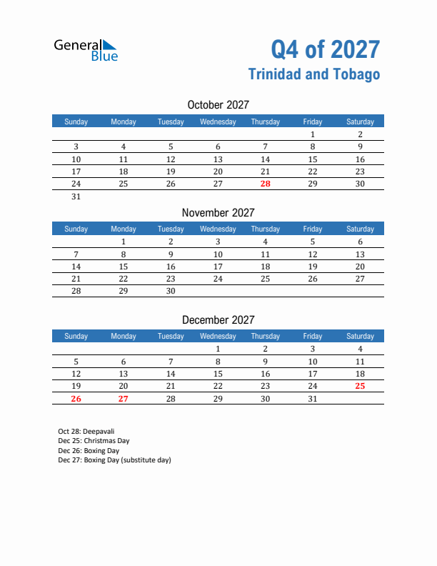 Trinidad and Tobago Q4 2027 Quarterly Calendar with Sunday Start