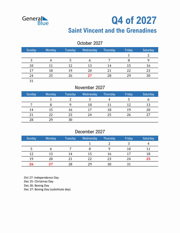 Saint Vincent and the Grenadines Q4 2027 Quarterly Calendar with Sunday Start