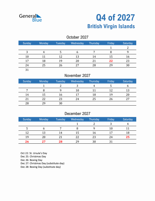 British Virgin Islands Q4 2027 Quarterly Calendar with Sunday Start