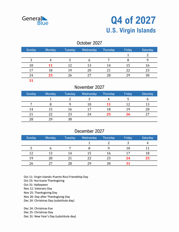 U.S. Virgin Islands Q4 2027 Quarterly Calendar with Sunday Start