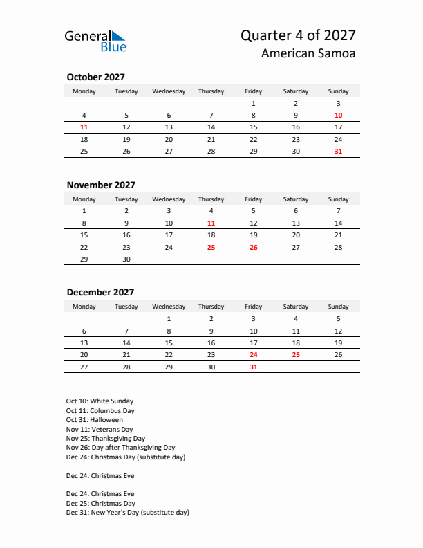 2027 Q4 Three-Month Calendar for American Samoa