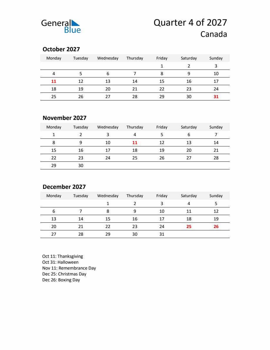 Three-Month Calendar for Canada (Q4 of 2027) - Monday Start