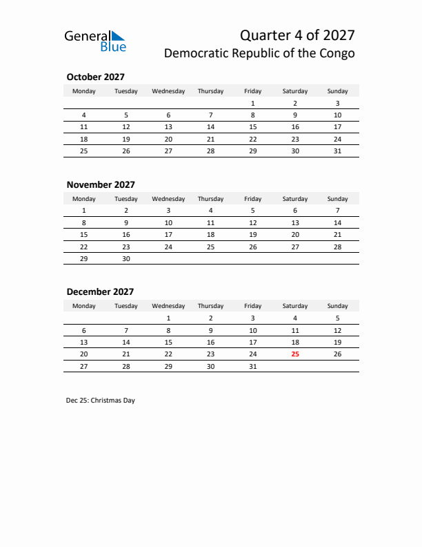 2027 Q4 Three-Month Calendar for Democratic Republic of the Congo