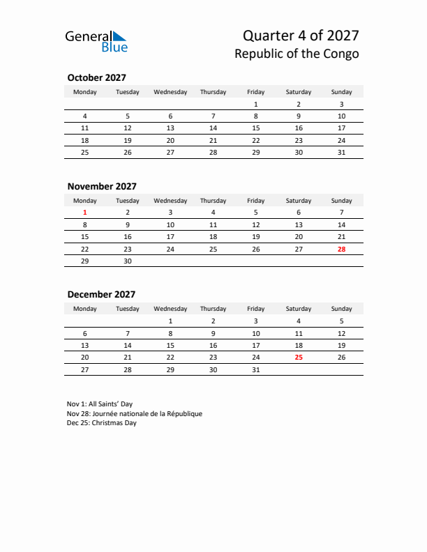 2027 Q4 Three-Month Calendar for Republic of the Congo