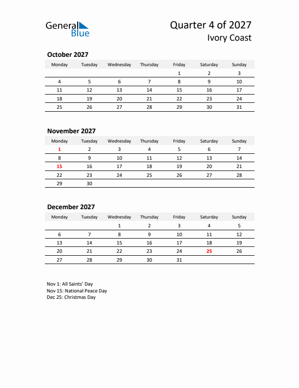 2027 Q4 Three-Month Calendar for Ivory Coast
