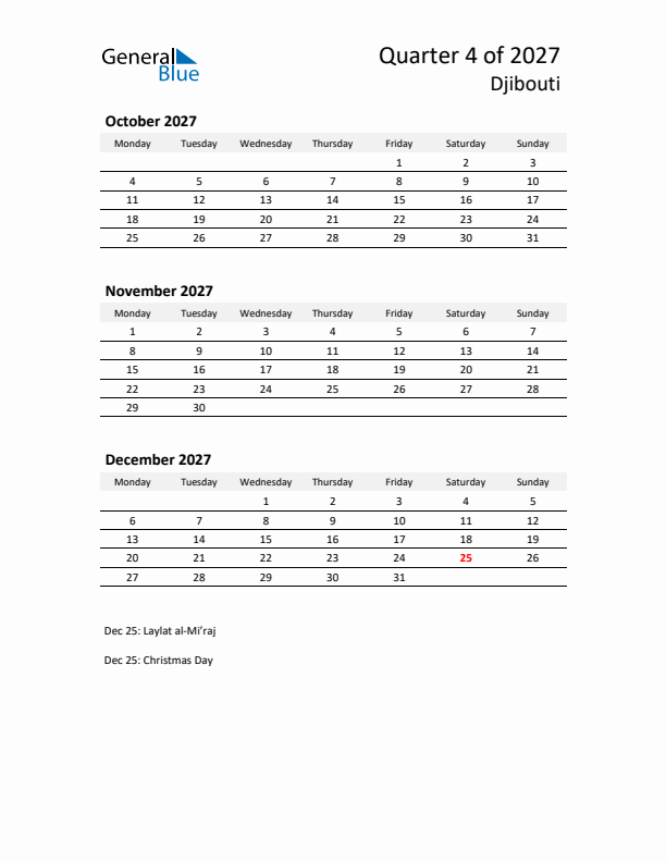 2027 Q4 Three-Month Calendar for Djibouti