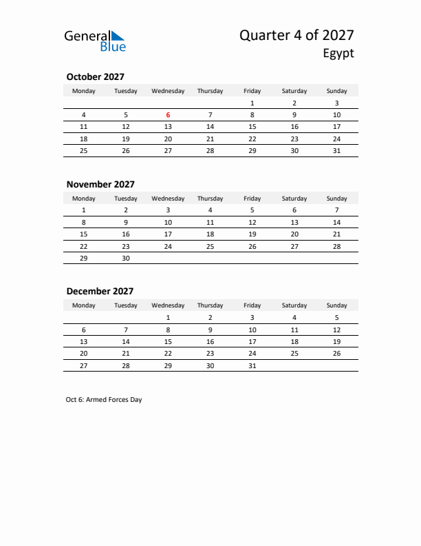 2027 Q4 Three-Month Calendar for Egypt