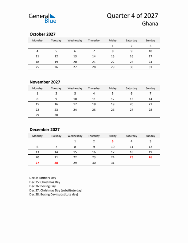 2027 Q4 Three-Month Calendar for Ghana