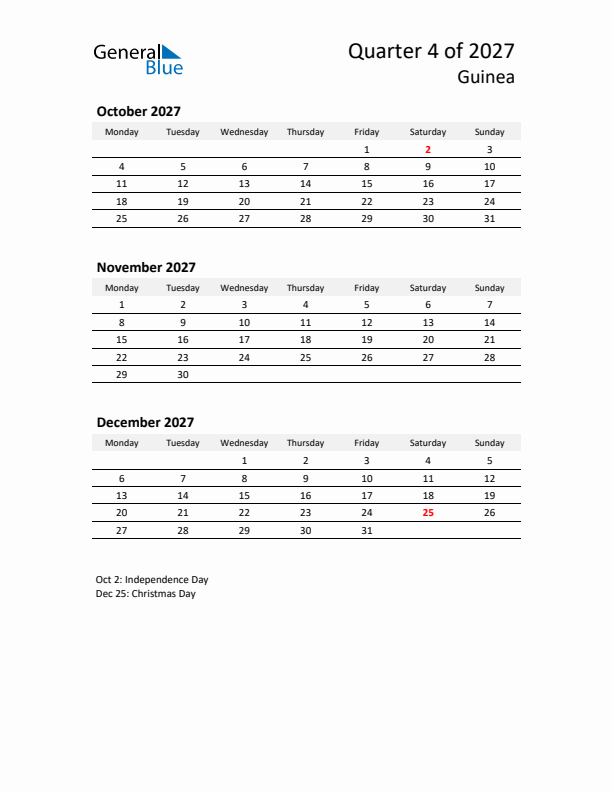 2027 Q4 Three-Month Calendar for Guinea