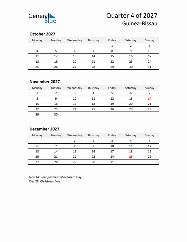 2027 Q4 Three-Month Calendar for Guinea-Bissau