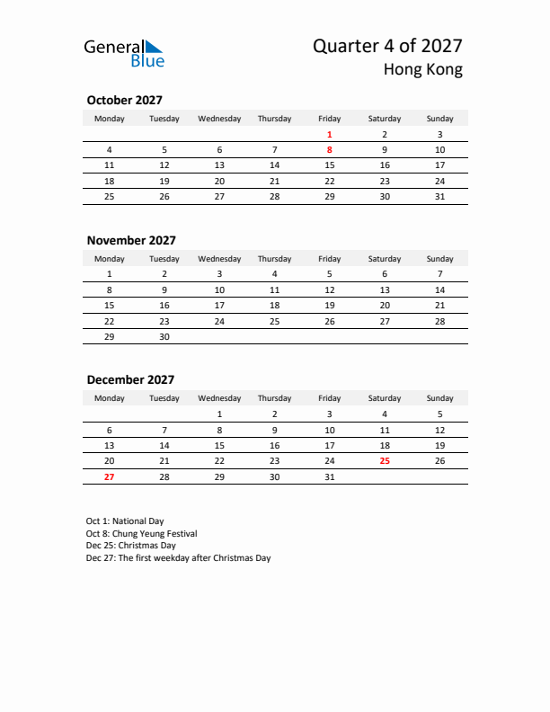 2027 Q4 Three-Month Calendar for Hong Kong