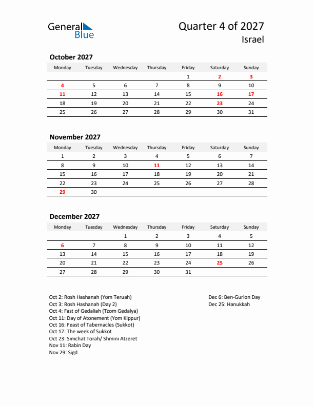 2027 Q4 Three-Month Calendar for Israel