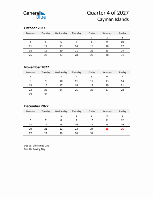 2027 Q4 Three-Month Calendar for Cayman Islands
