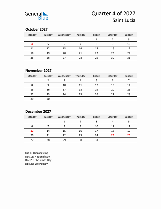 2027 Q4 Three-Month Calendar for Saint Lucia