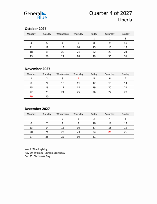 2027 Q4 Three-Month Calendar for Liberia