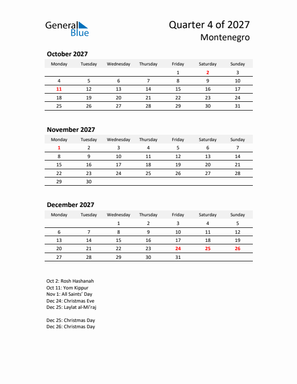 2027 Q4 Three-Month Calendar for Montenegro