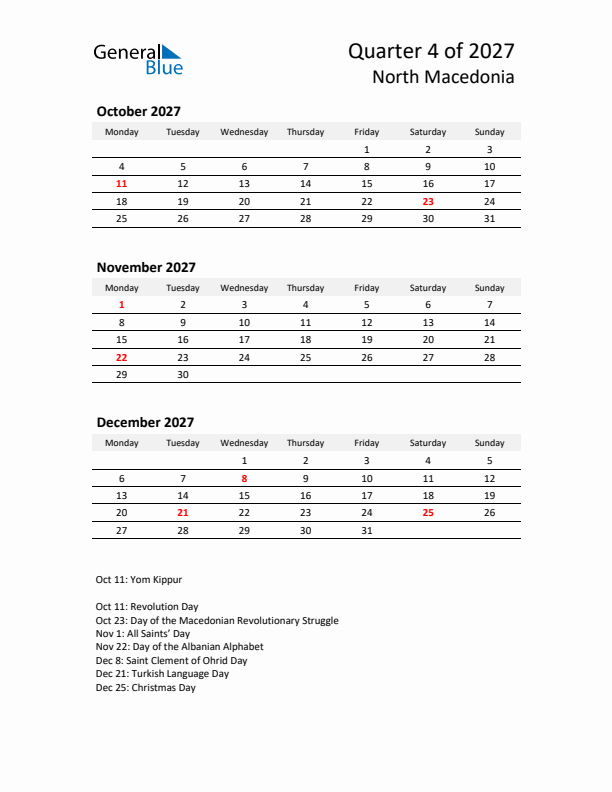 2027 Q4 Three-Month Calendar for North Macedonia