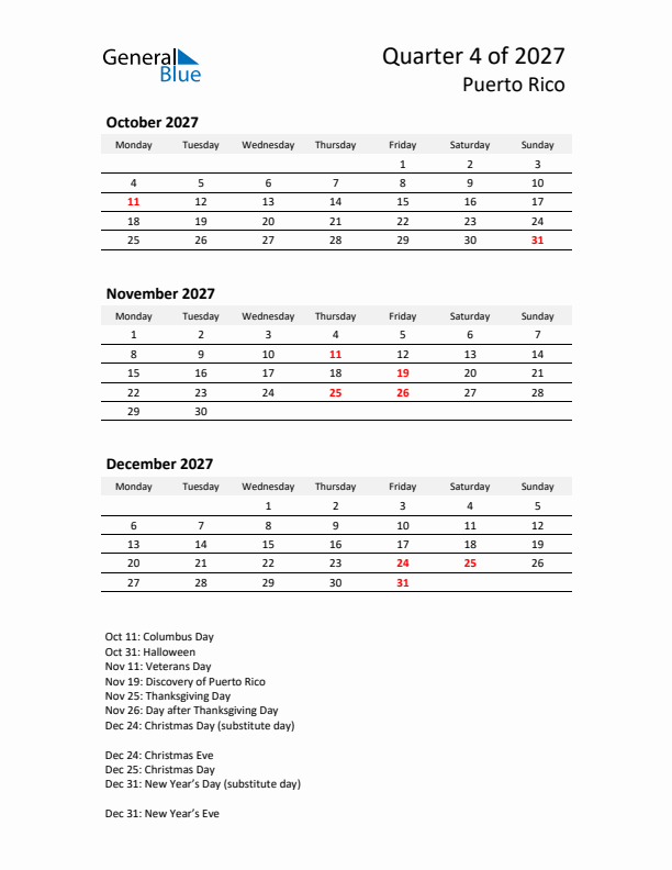 2027 Q4 Three-Month Calendar for Puerto Rico