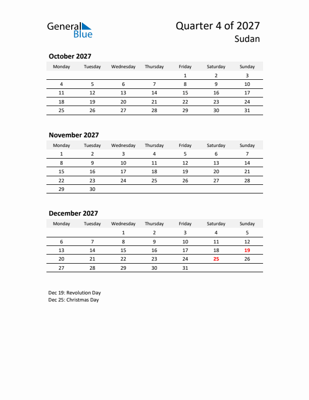 2027 Q4 Three-Month Calendar for Sudan