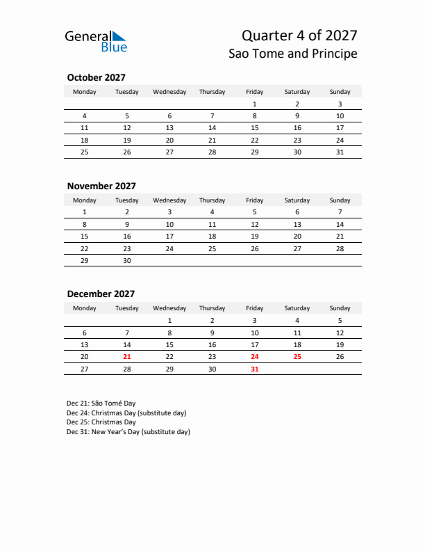 2027 Q4 Three-Month Calendar for Sao Tome and Principe