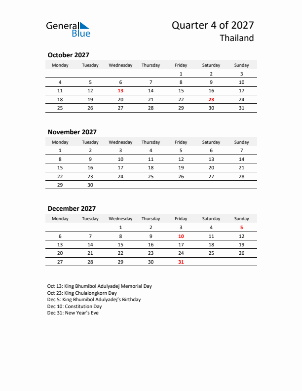 2027 Q4 Three-Month Calendar for Thailand