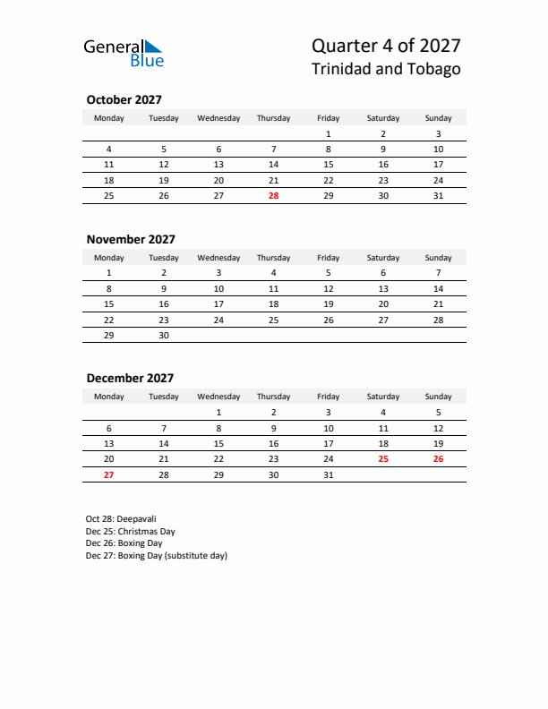2027 Q4 Three-Month Calendar for Trinidad and Tobago
