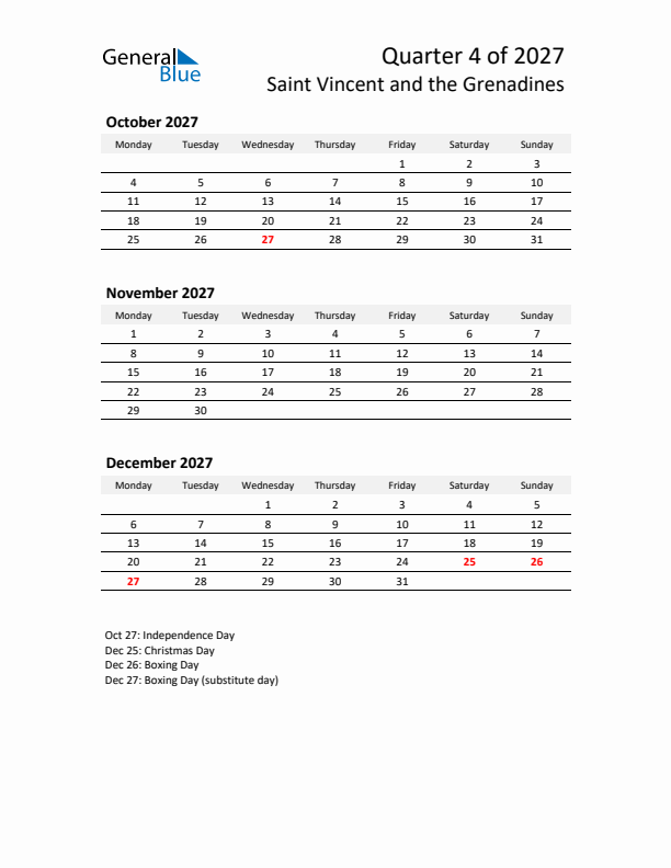 2027 Q4 Three-Month Calendar for Saint Vincent and the Grenadines