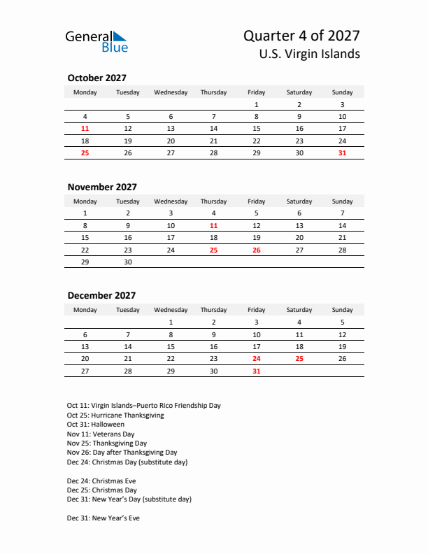 2027 Q4 Three-Month Calendar for U.S. Virgin Islands
