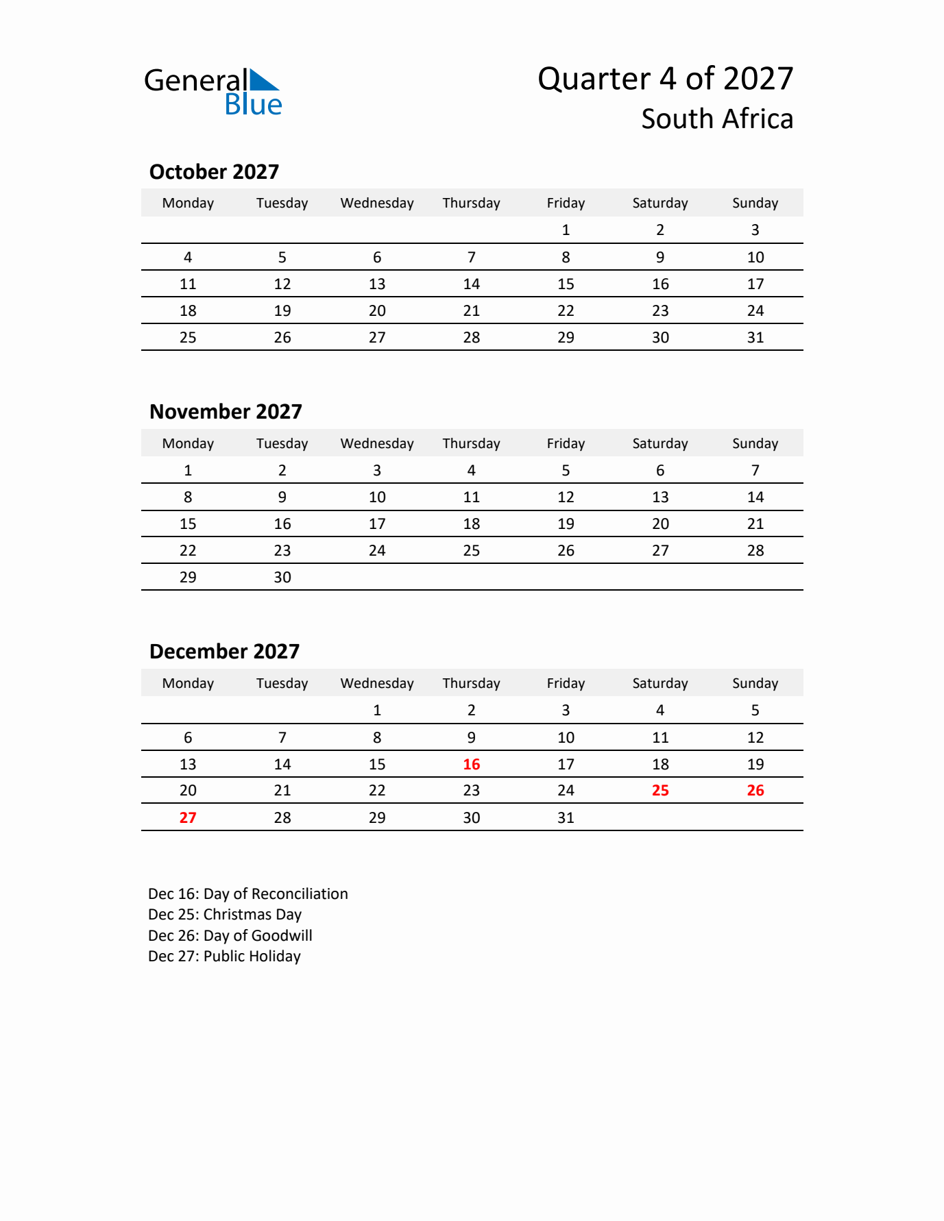 2027 Q4 Three-Month Calendar for South Africa