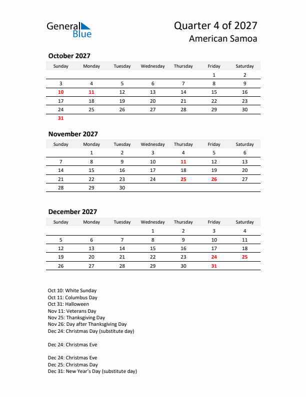 2027 Q4 Three-Month Calendar for American Samoa