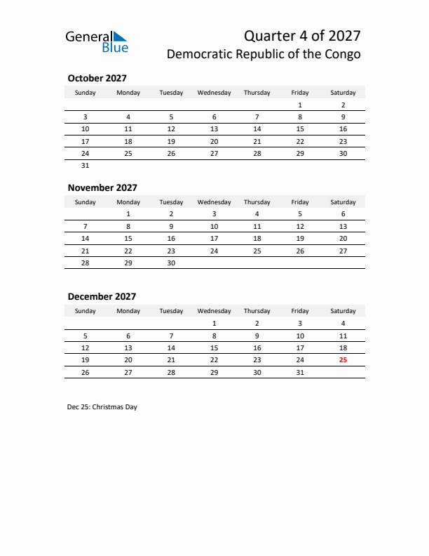 2027 Q4 Three-Month Calendar for Democratic Republic of the Congo