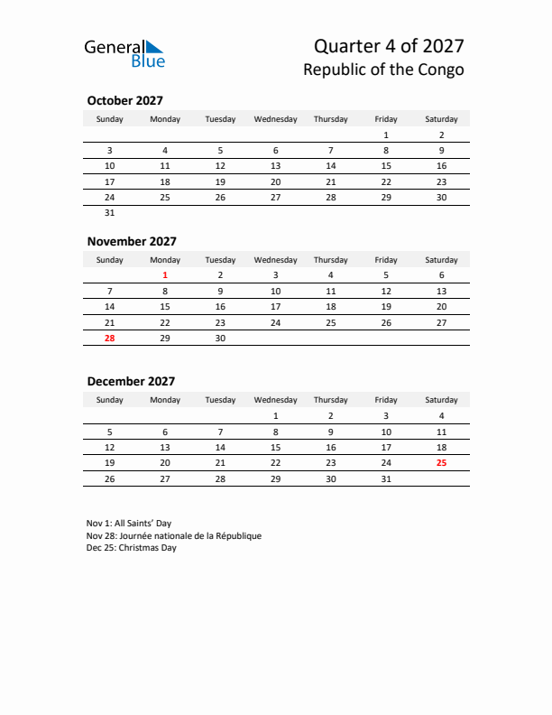 2027 Q4 Three-Month Calendar for Republic of the Congo