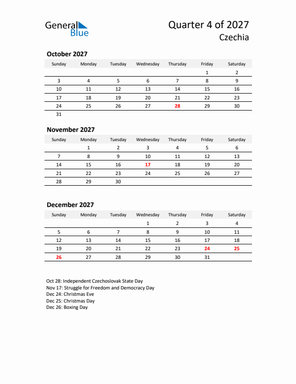 2027 Q4 Three-Month Calendar for Czechia