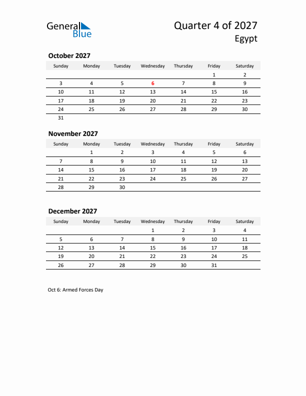 2027 Q4 Three-Month Calendar for Egypt