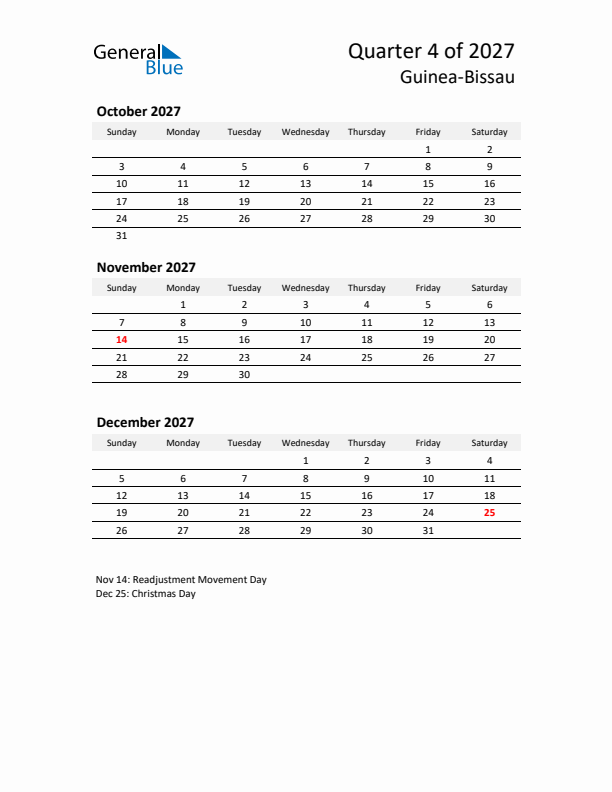 2027 Q4 Three-Month Calendar for Guinea-Bissau