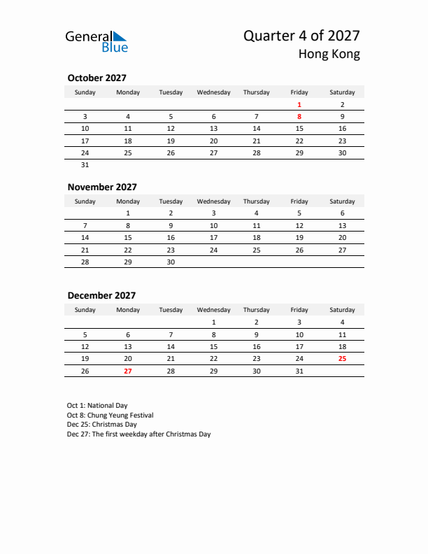 2027 Q4 Three-Month Calendar for Hong Kong