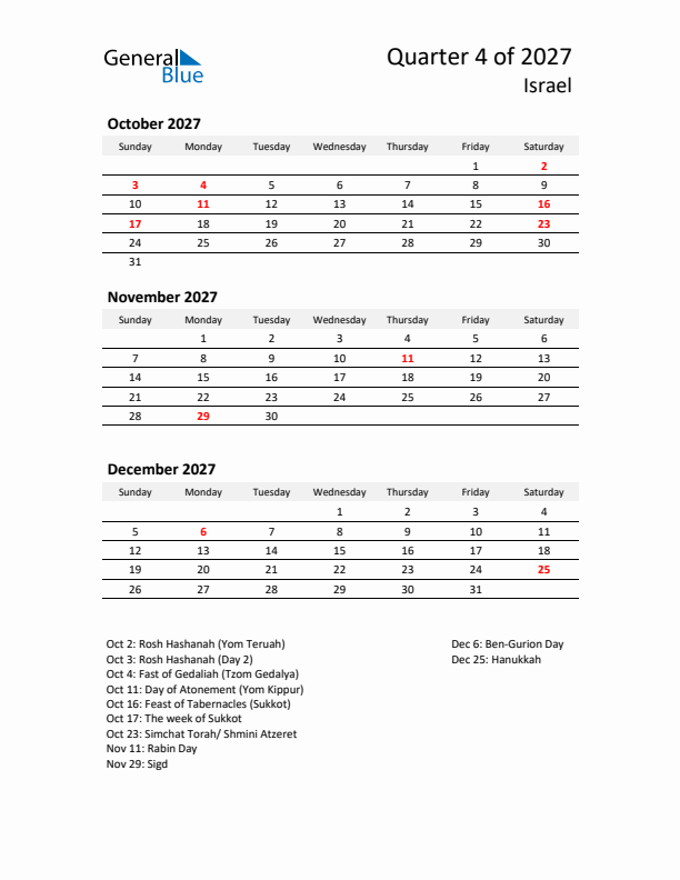 2027 Q4 Three-Month Calendar for Israel