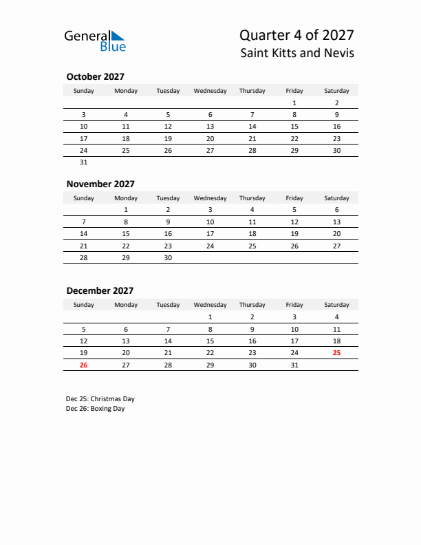 2027 Q4 Three-Month Calendar for Saint Kitts and Nevis