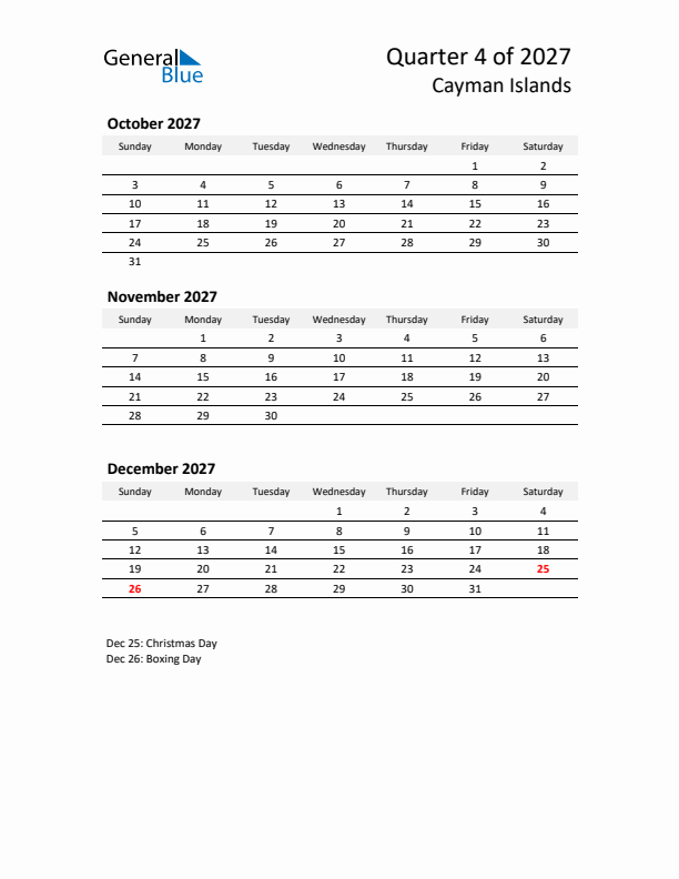 2027 Q4 Three-Month Calendar for Cayman Islands