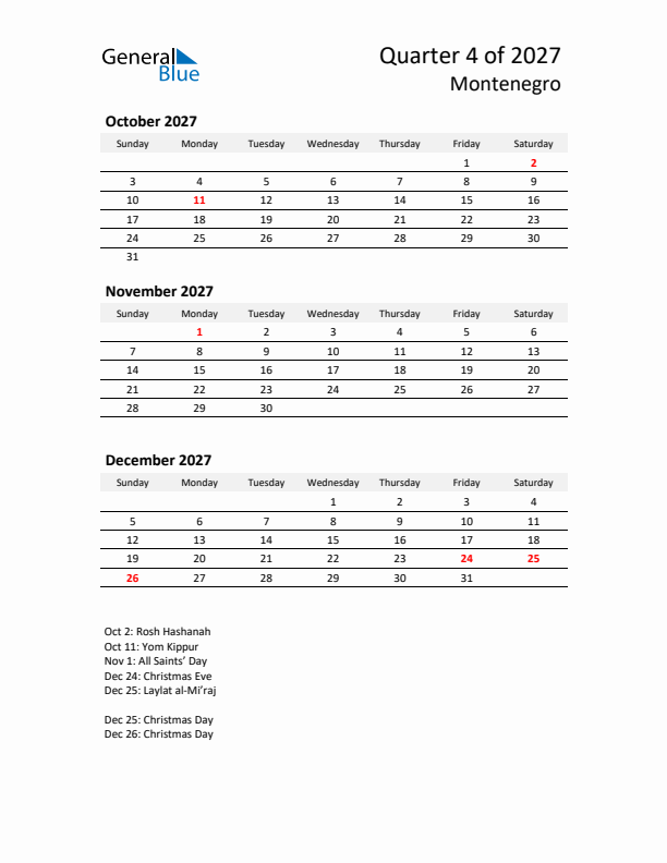 2027 Q4 Three-Month Calendar for Montenegro