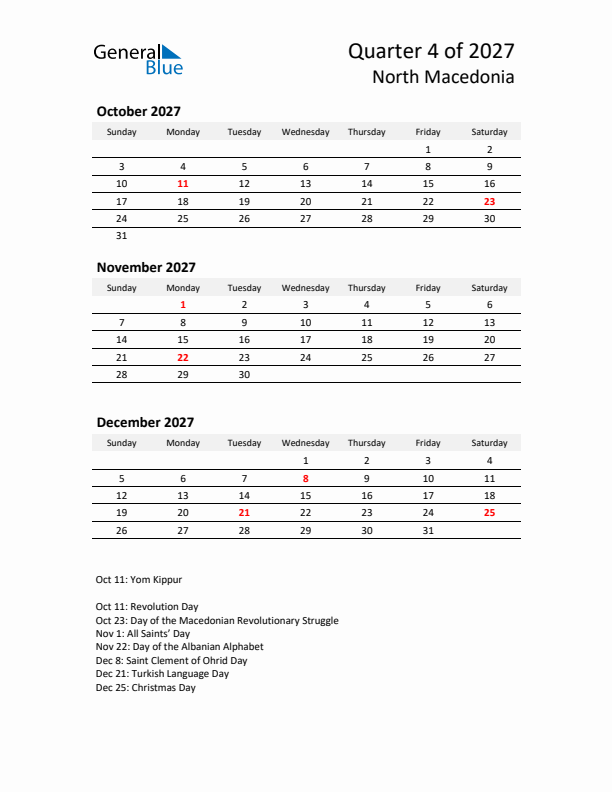 2027 Q4 Three-Month Calendar for North Macedonia